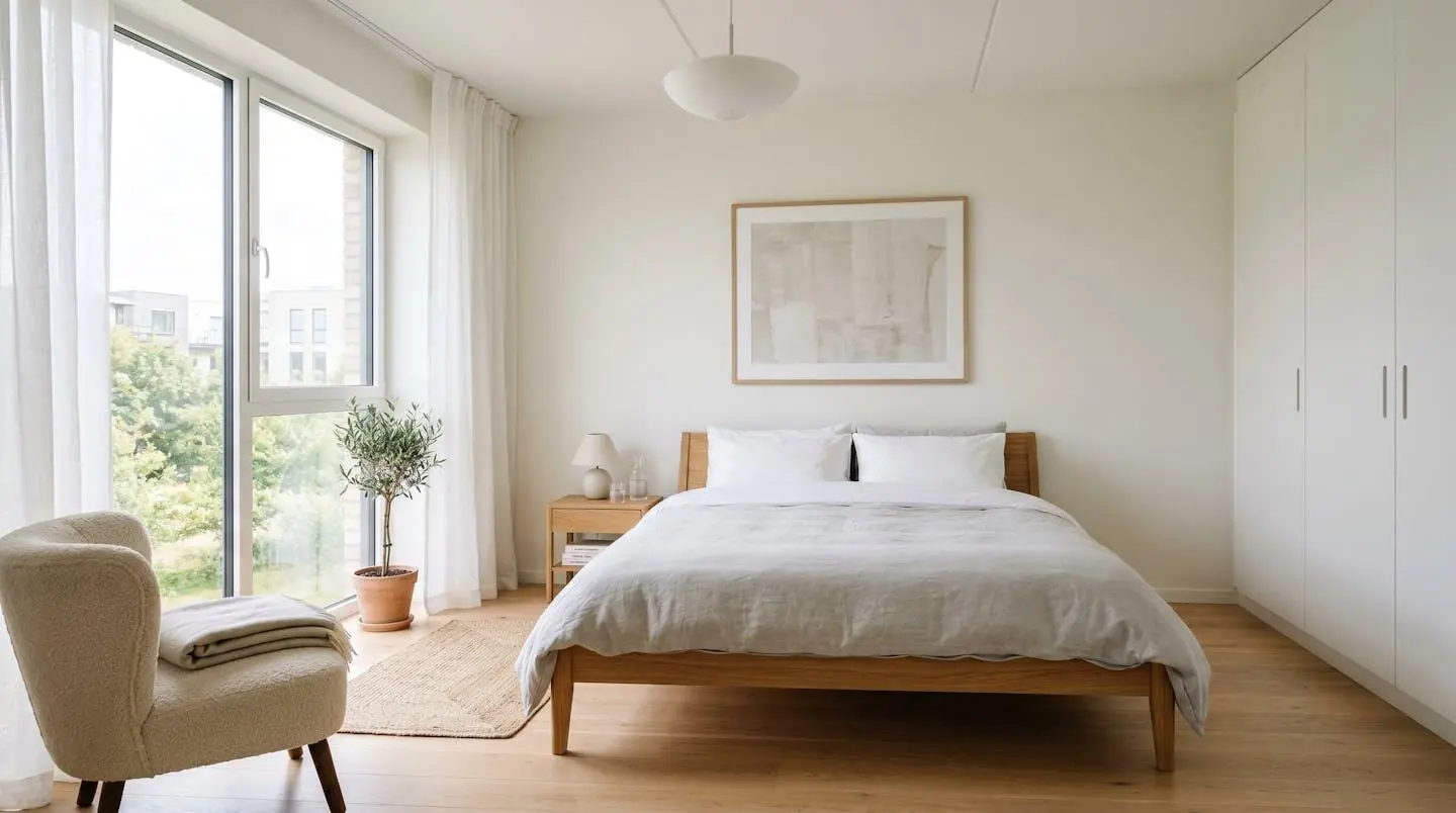 Chambre moderne de style scandinave avec un lit habillé de linge en percale de coton blanc, lumière naturelle abondante depuis la fenêtre
