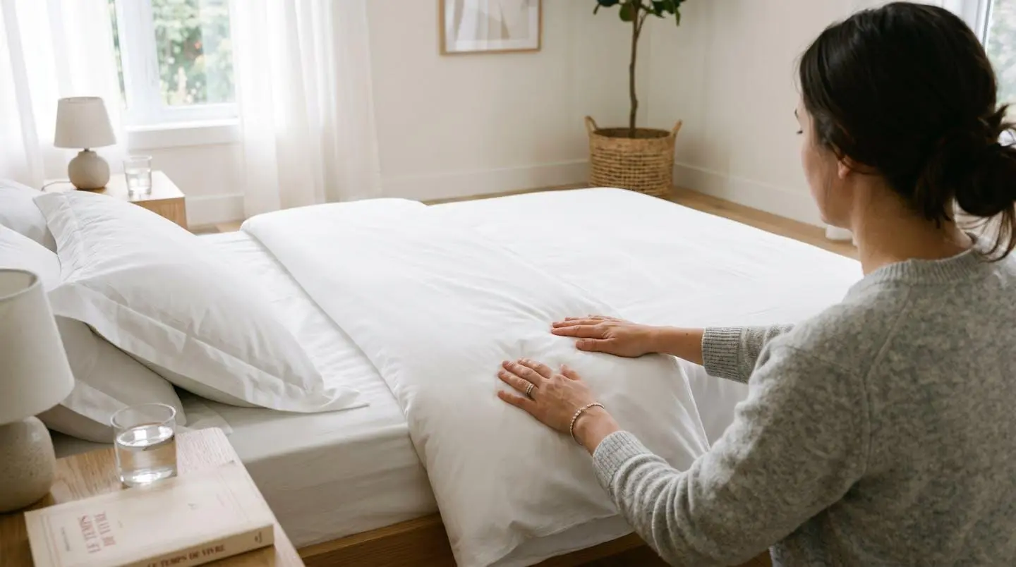 Vue de profil sur les mains d'une personne touchant et sentant du linge en percale de coton blanc dans une chambre moderne lumineuse